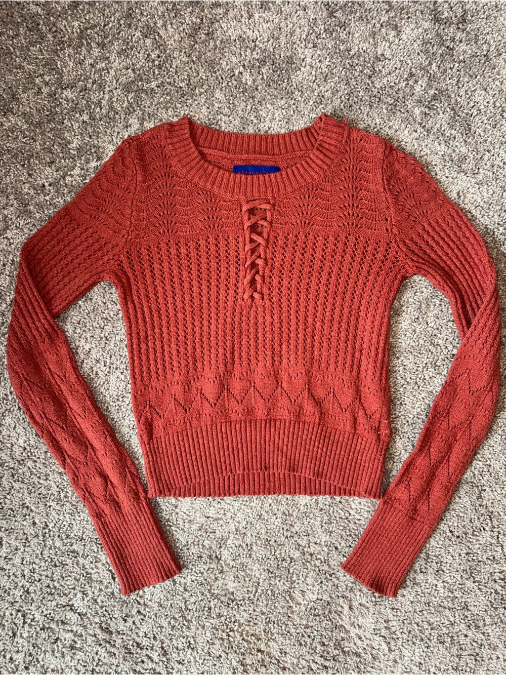 Women’s Medium Aeropostale Rust Orange Lace-Up Cable Knit Crochet Crew Sweater